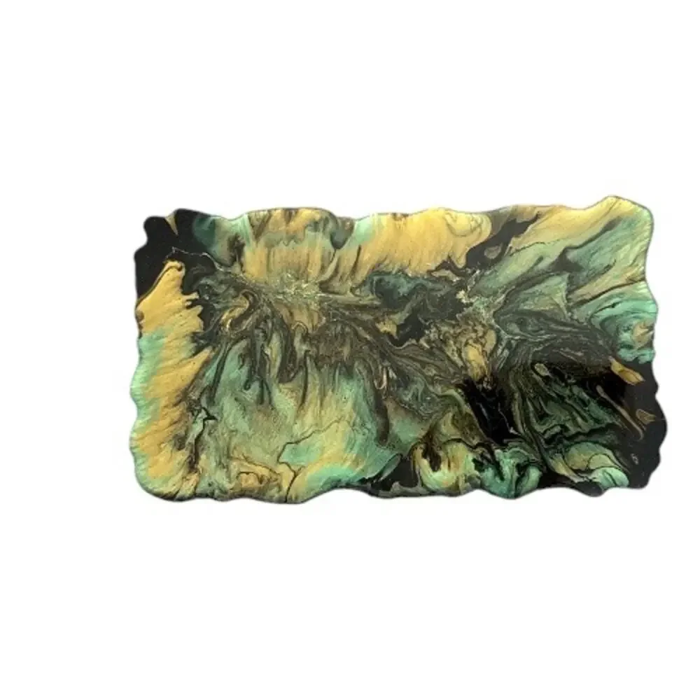 Acrylic Pour Art Resin Black Teal Gold Tray Irregular Edges